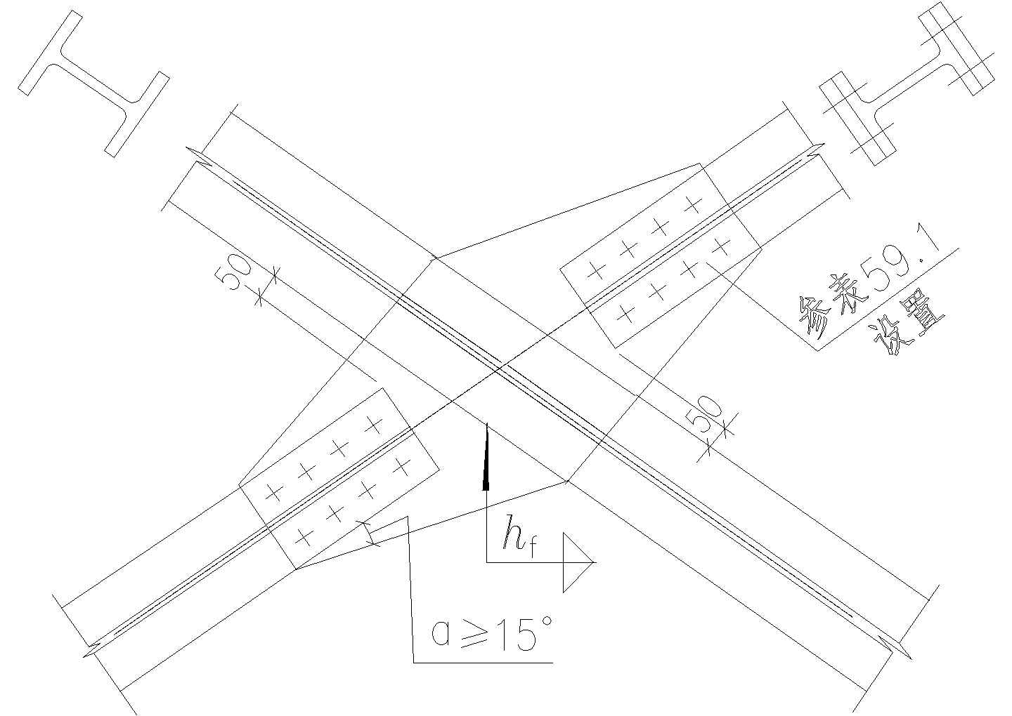 某支撑斜杆为H型钢与双节点板的连接节点构造CAD详图