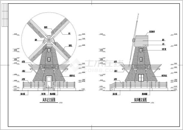 简单的荷兰风车CAD施工图（含平、立、剖面图）-图二