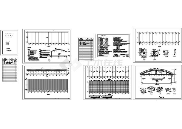 弧形简易钢结构棚子施工cad图，共七张-图一
