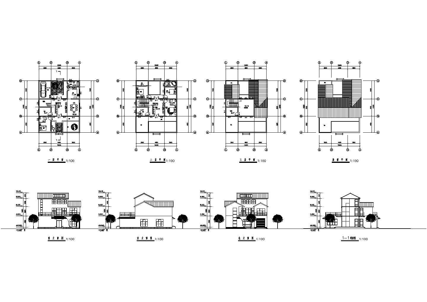 3层：长15.3米 宽12米 农村别墅建筑设计图【平立剖】