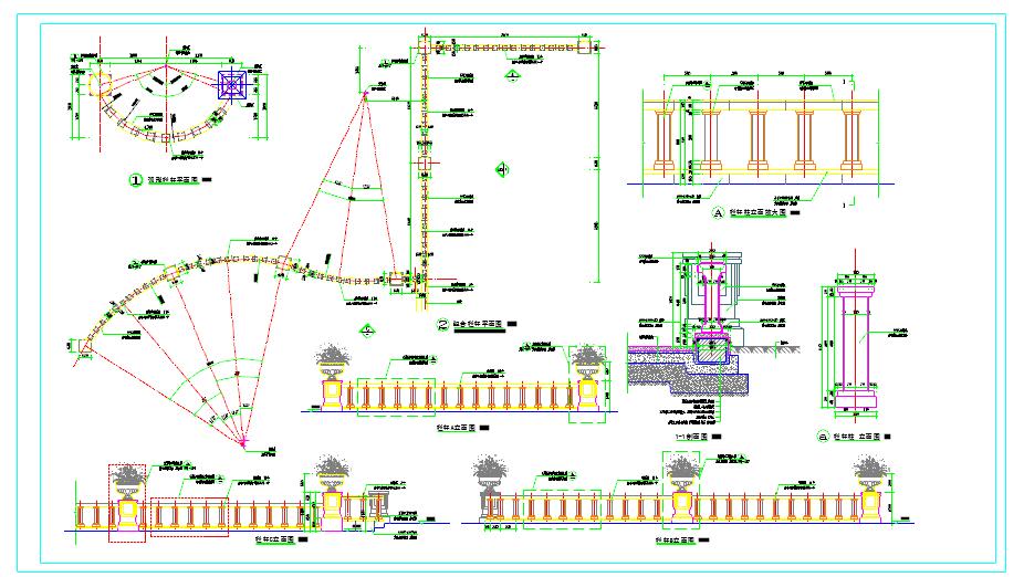 花钵柱栏杆、GRC仿石栏杆施工图