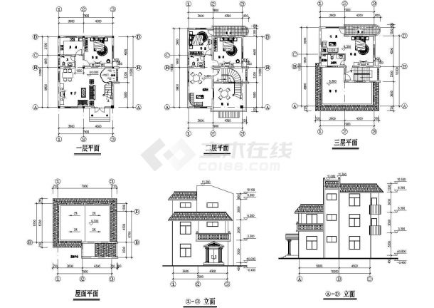 安徽某度假二层别墅建筑施工设计cad图纸，共6张-图一