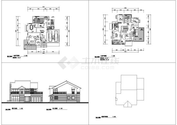 某独立南b二层别墅建筑施工设计cad图纸，共4张-图一