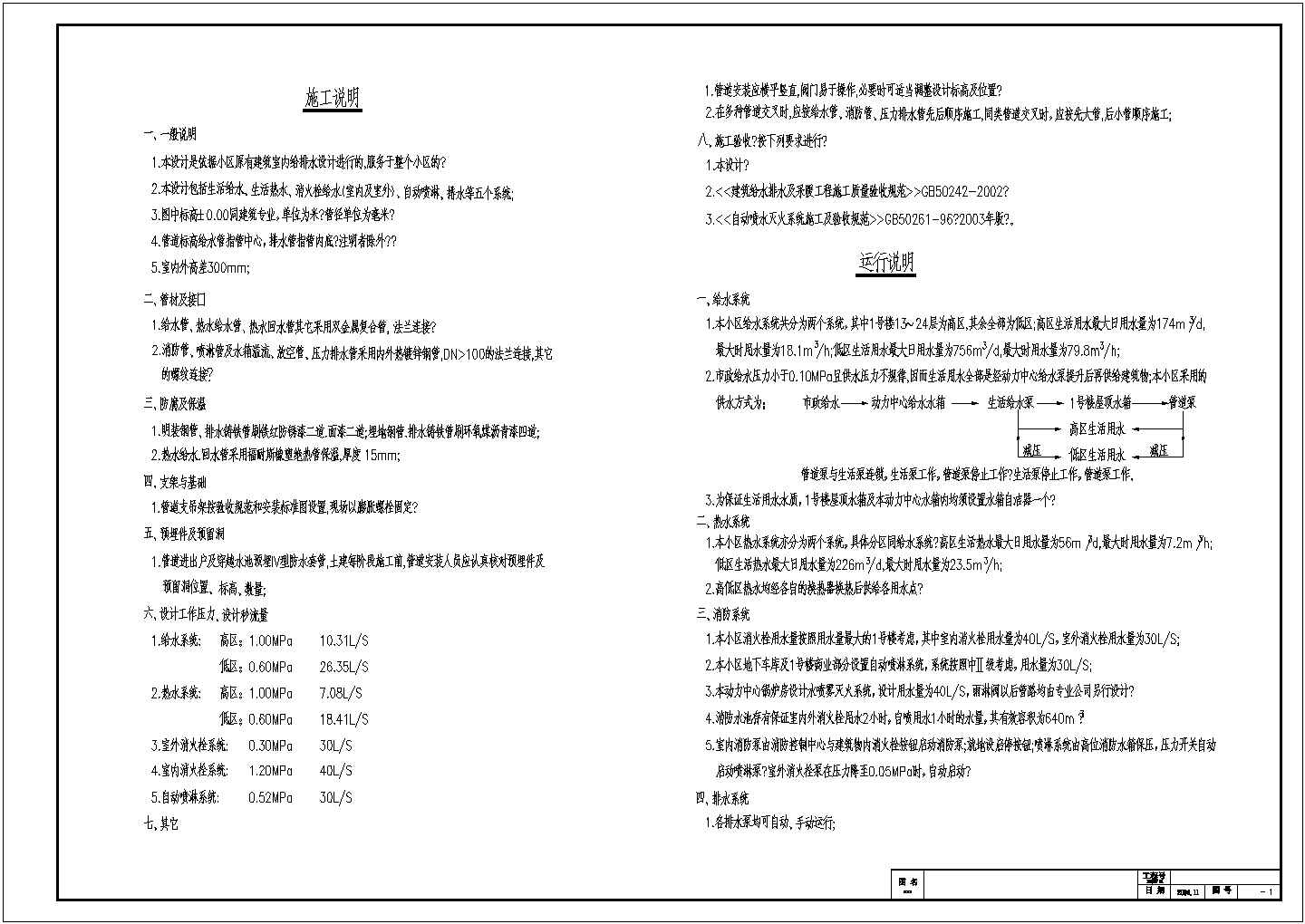 某小区生活、消防给水泵房全套施工图（5张）