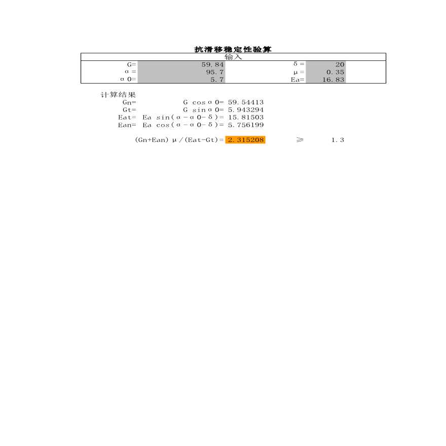 挡土墙抗滑移稳定性验算表