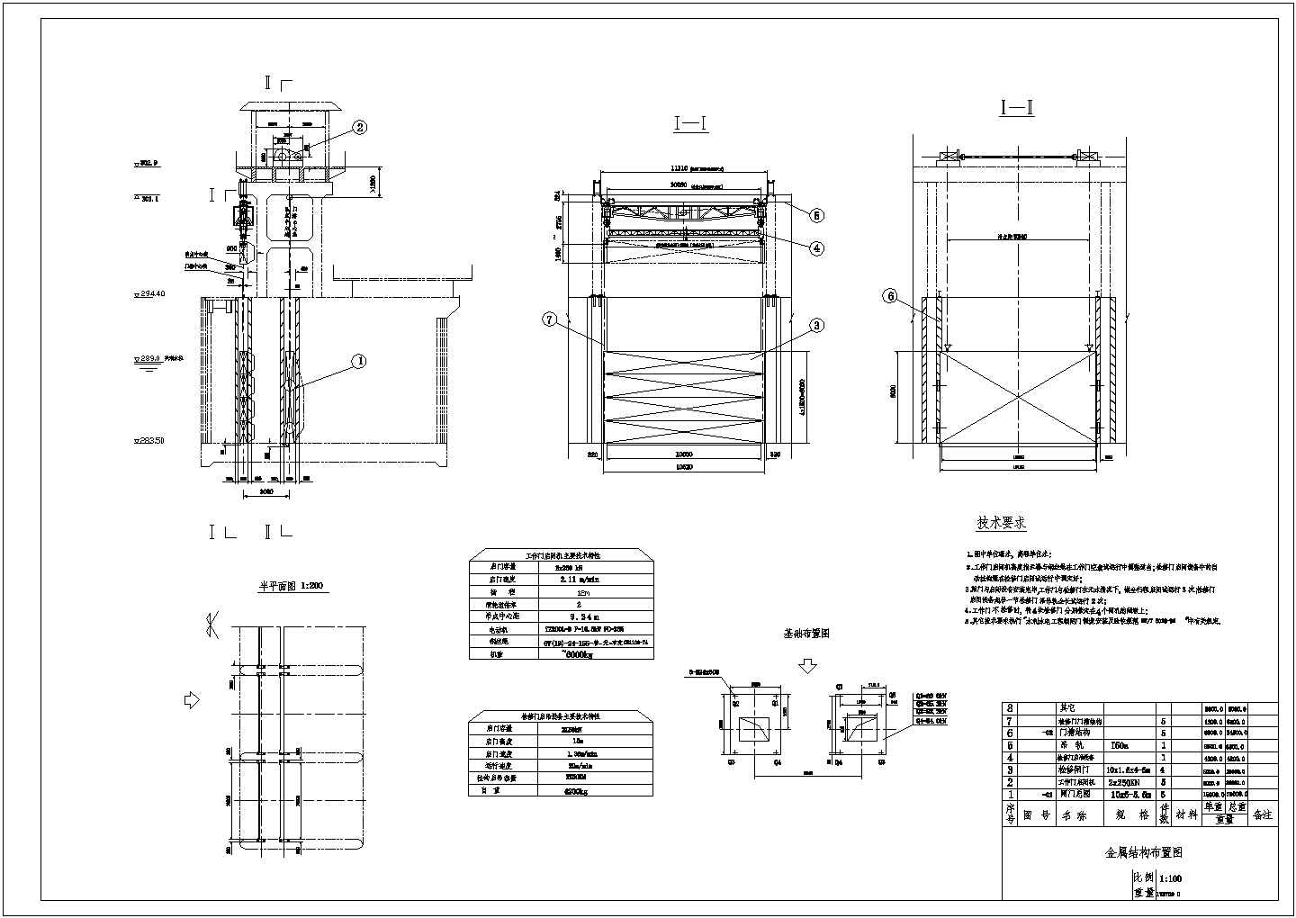 一套金属结构布置图，包括工作门启闭机等(施工详图阶段设计)