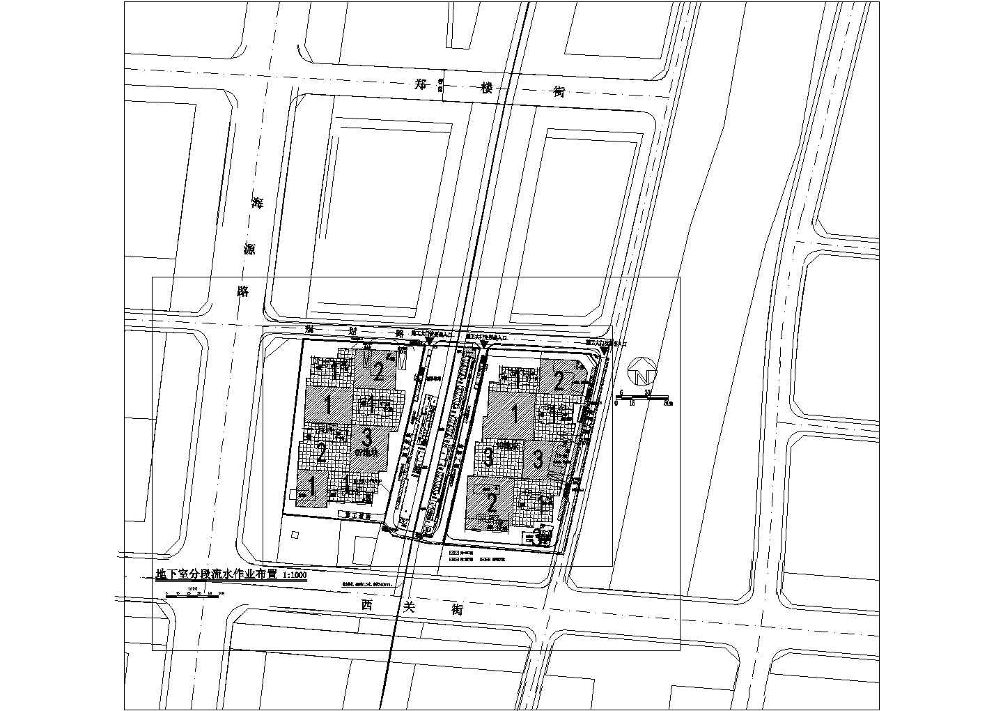 住宅工程施工总平面图，塔吊布置图，土方开挖顺序图。