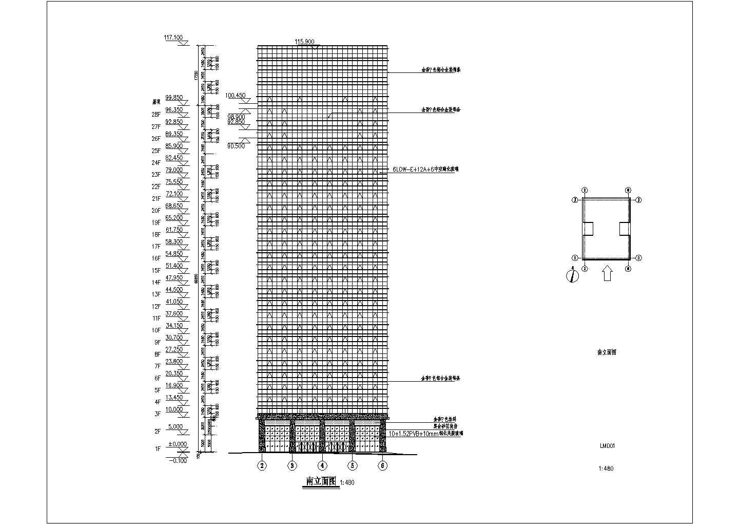 【广东】二十八层框架结构商业楼钢化玻璃幕墙是建筑施工图