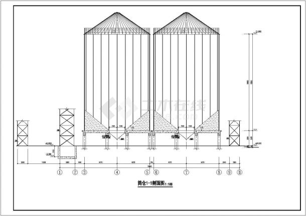 某地18.8米高框架结构仓筒、粮仓建筑设计施工图纸-图一