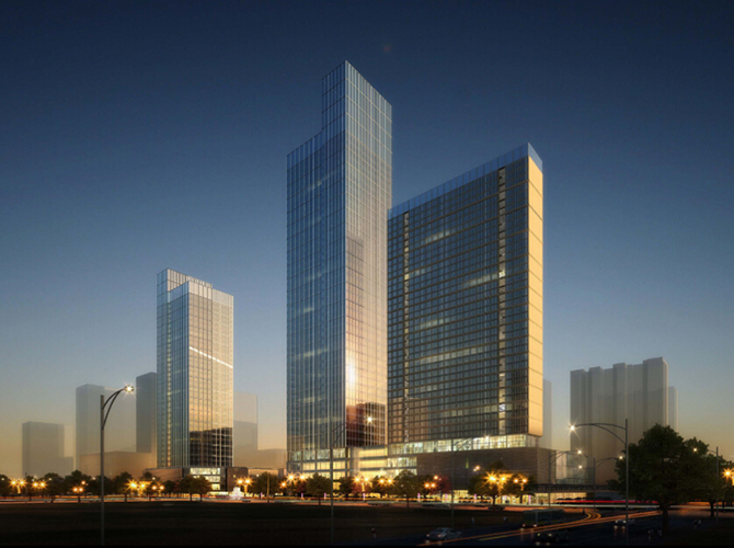 【山东】知名院设计高层商业综合体建筑设计方案效果图（玻璃幕墙）