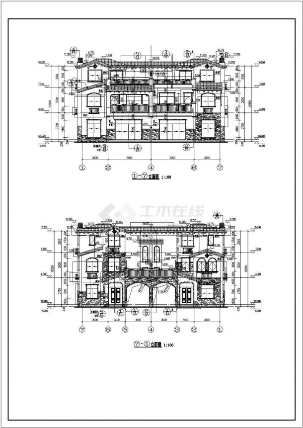 某地三层框架结构双拼西班牙别墅建筑设计施工图-图一