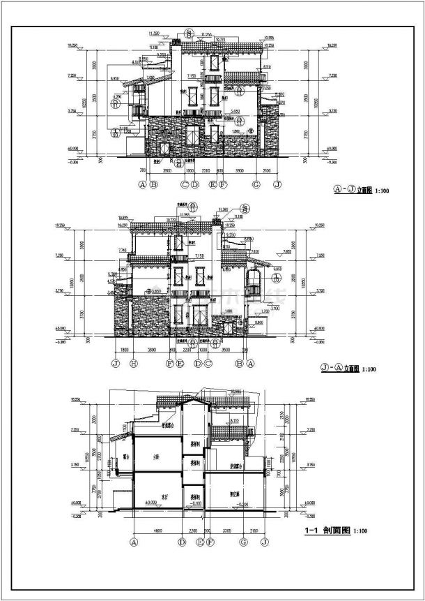 某地三层框架结构双拼西班牙别墅建筑设计施工图-图二