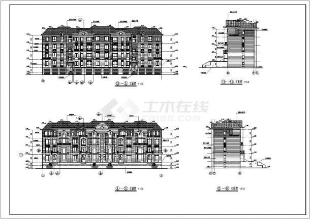 某地四层框架结构叠拼别墅（欧式）建筑设计施工图-图一