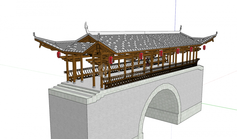 中式西北城门风格廊桥su模型-图二