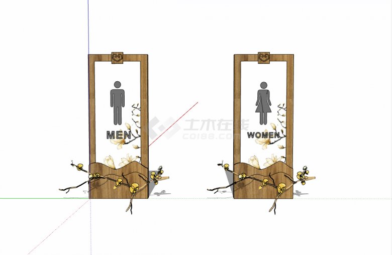 古色古香木质古典卫生间男女入口标识su模型-图一