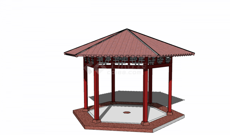 红瓷砖中式亭子SU模型设计-图二