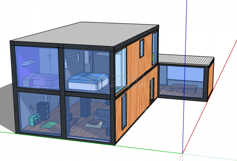 小型橙色集装箱改造家居住宅su模型-图一
