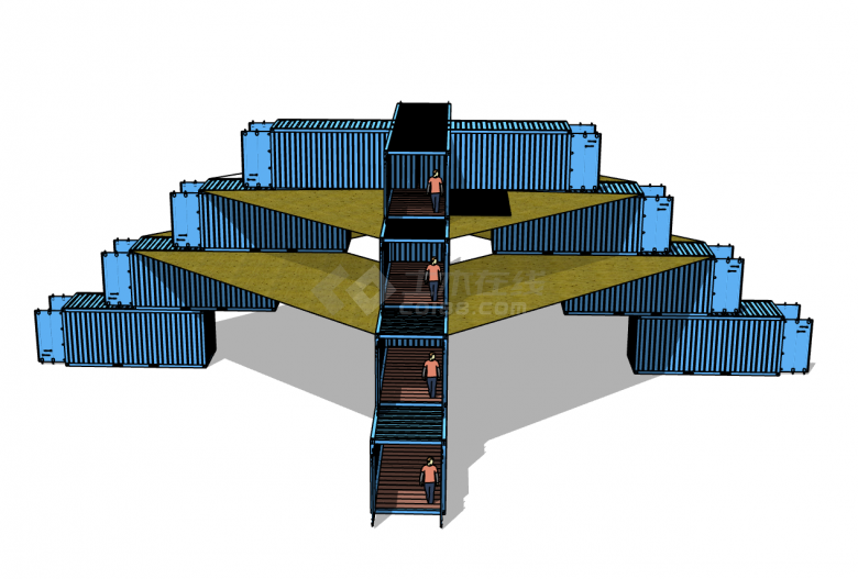 四方阶梯型蓝色集装箱改造民宿餐厅su模型-图一