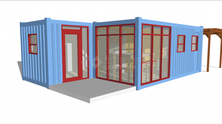 颜色鲜亮的工业风集装箱改造民宿餐厅su模型-图二