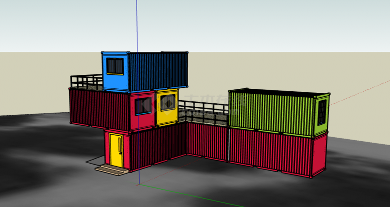 工业风三层彩色不规则形集装箱式餐厅su模型-图二