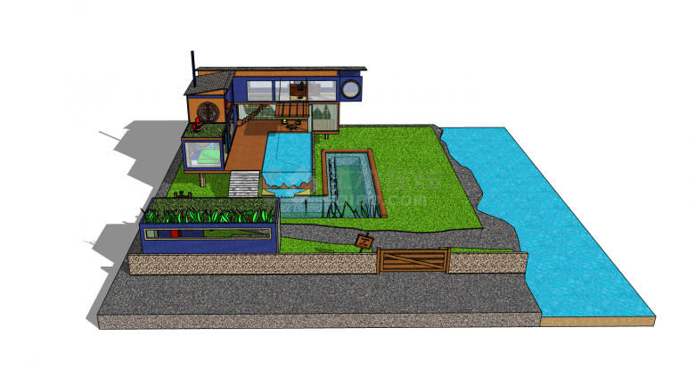 红蓝色双层花园水池集装箱餐厅su模型-图二