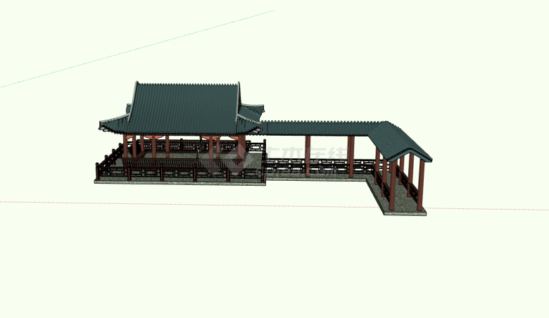 中式通透式L型公共建筑su模型-图二