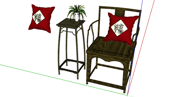红色抱枕椅子中式家具su模型_图1