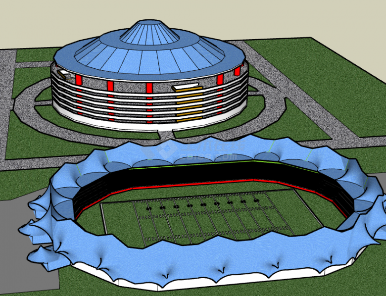 蓝顶圆形的体育馆su模型-图二