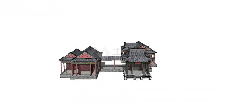 中式住房庭院连廊一体式建筑su模型-图一