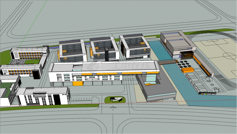 中式带操场带篮球场学校su模型-图二
