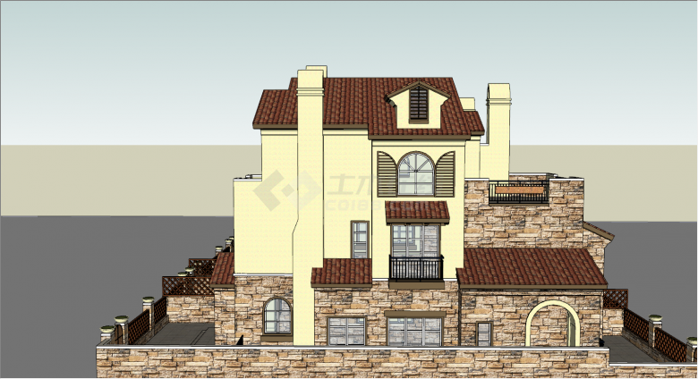 西班牙洋房石头木材围栏su模型-图一