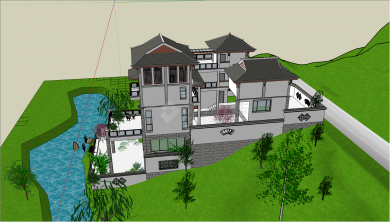 中式现代化靠河五层别墅su模型-图二