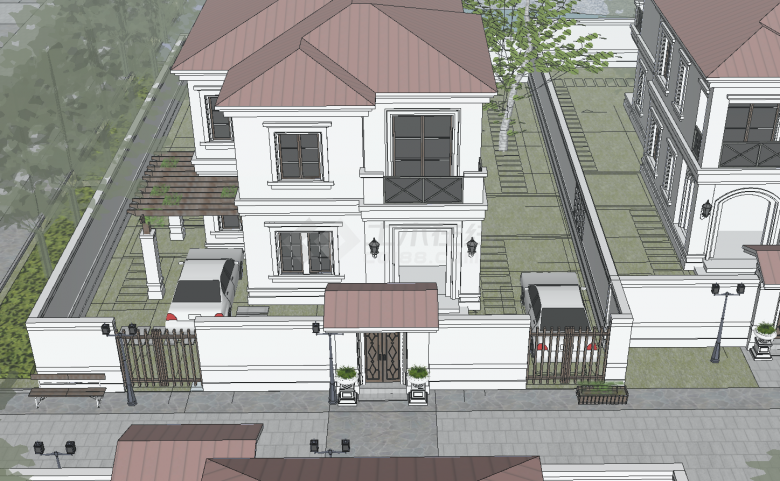 单家独院绿植环绕的新中式别墅群su模型-图一