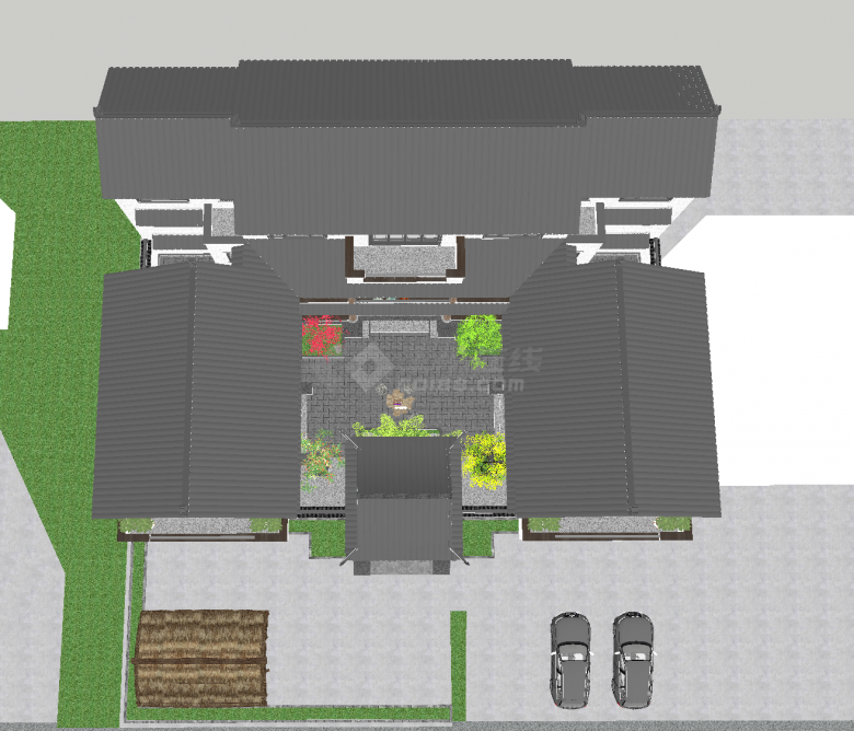 带院落带绿植带凉棚的中式四合院su模型-图二