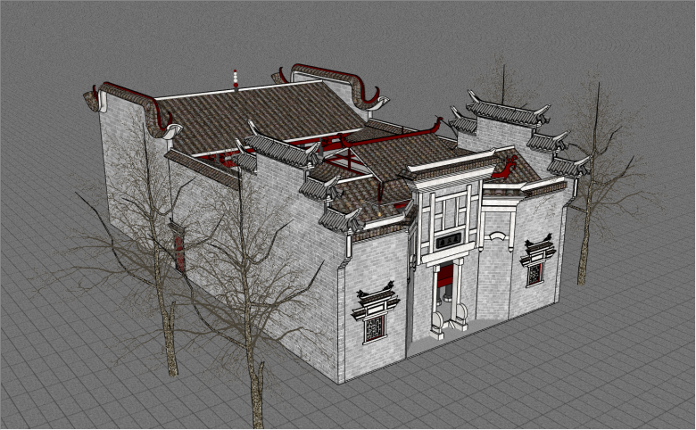 白墙红顶中式四合院su模型-图二