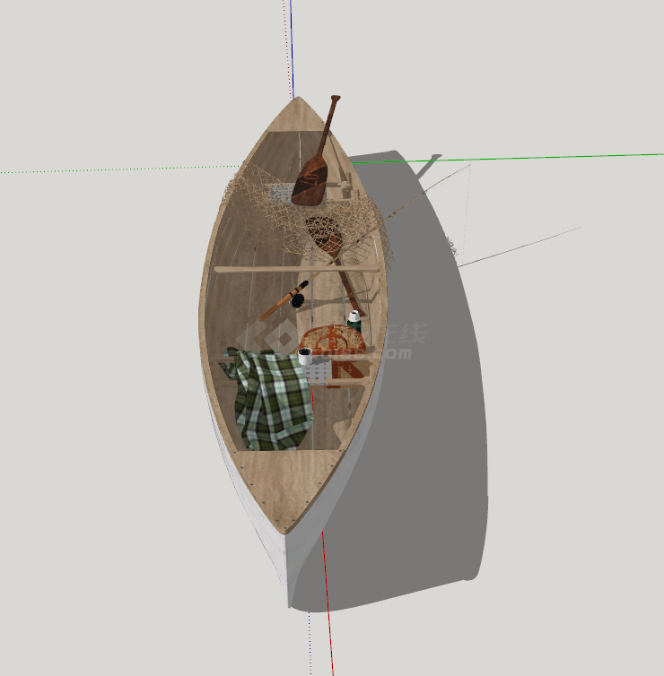 带小桌带渔网带船桨的木船su模型-图一