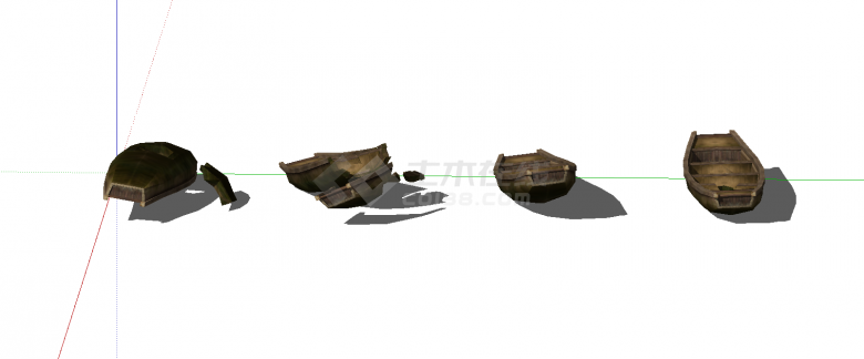 四艘残破的木质中式小船su模型-图一