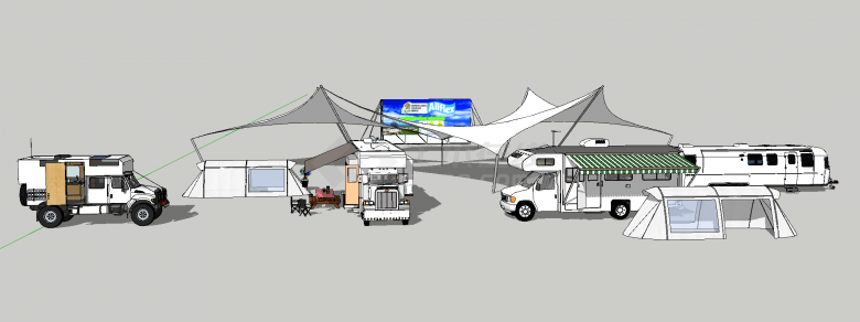 有帐篷有四辆白色房车组成的营地su模型-图一