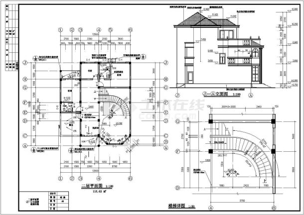 三层别墅建筑设计施工图，带效果图-图二