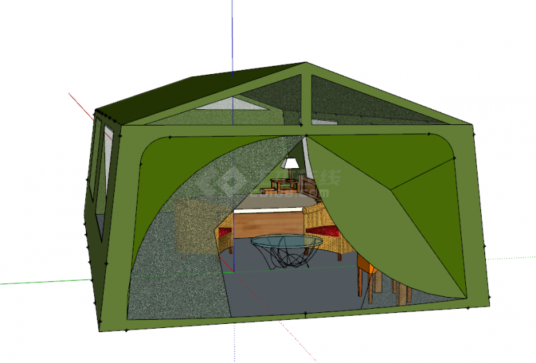 绿色长屋式露营帐篷su模型-图二