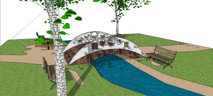 公园散步宁静自然小溪拱桥建筑su模型_图1