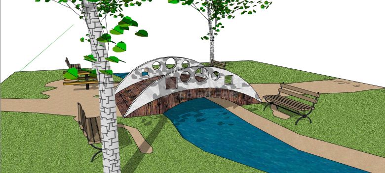 公园散步宁静自然小溪拱桥建筑su模型-图一