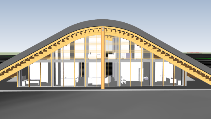 黄色灰色拱形办公建筑su模型_图1