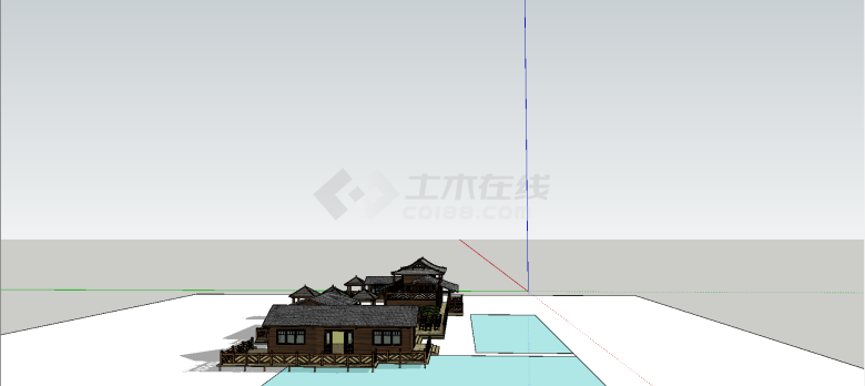 木头建筑单层三舍农家乐设计su模型-图一