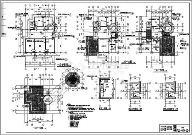 某别墅三层建筑设计施工CAD布置图-图二