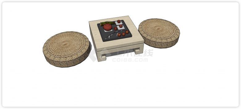 茶桌原木风中式日式蒲团su模型-图二