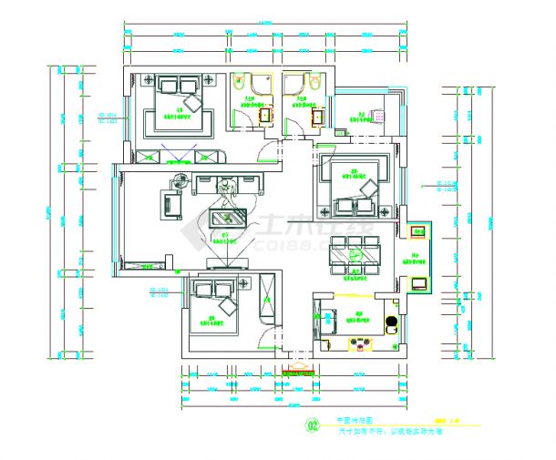 豪华现代三居室样板间室内装修施工图（含效果图）-图二