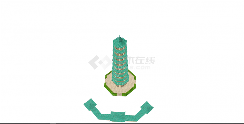 中式绿色复古风建筑su模型-图一