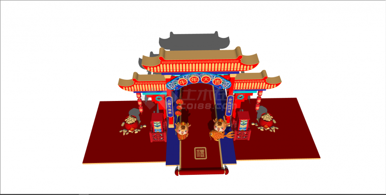中式中国红贺新年墙su模型-图二
