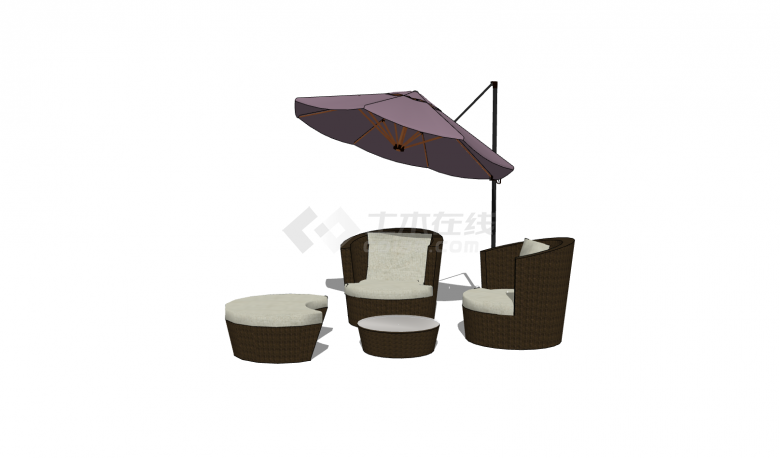 紫色遮阳伞米白色坐垫创意造型户外桌椅su模型-图一